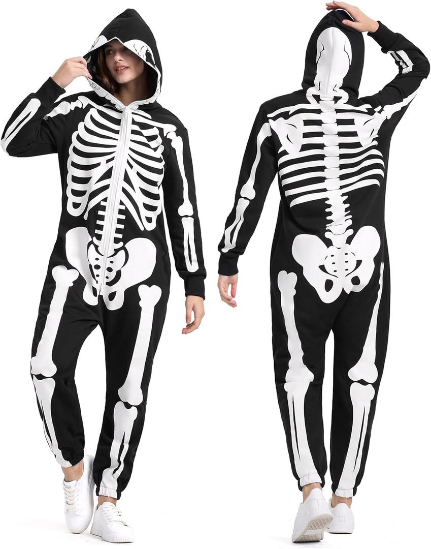 Halloween Skeleton Costume for Women Adult Cozy Hoodie Skeleton Onesie Jumpsuit Outfit Front and Back Print Party (X-Small)