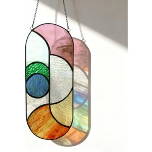 Geometric Design Style Suncatchers Stained Glass Window Panel,Beautiful Fairshaped Tiffany Style Stained Glass Window Hanging with Chain (Flowing Color)