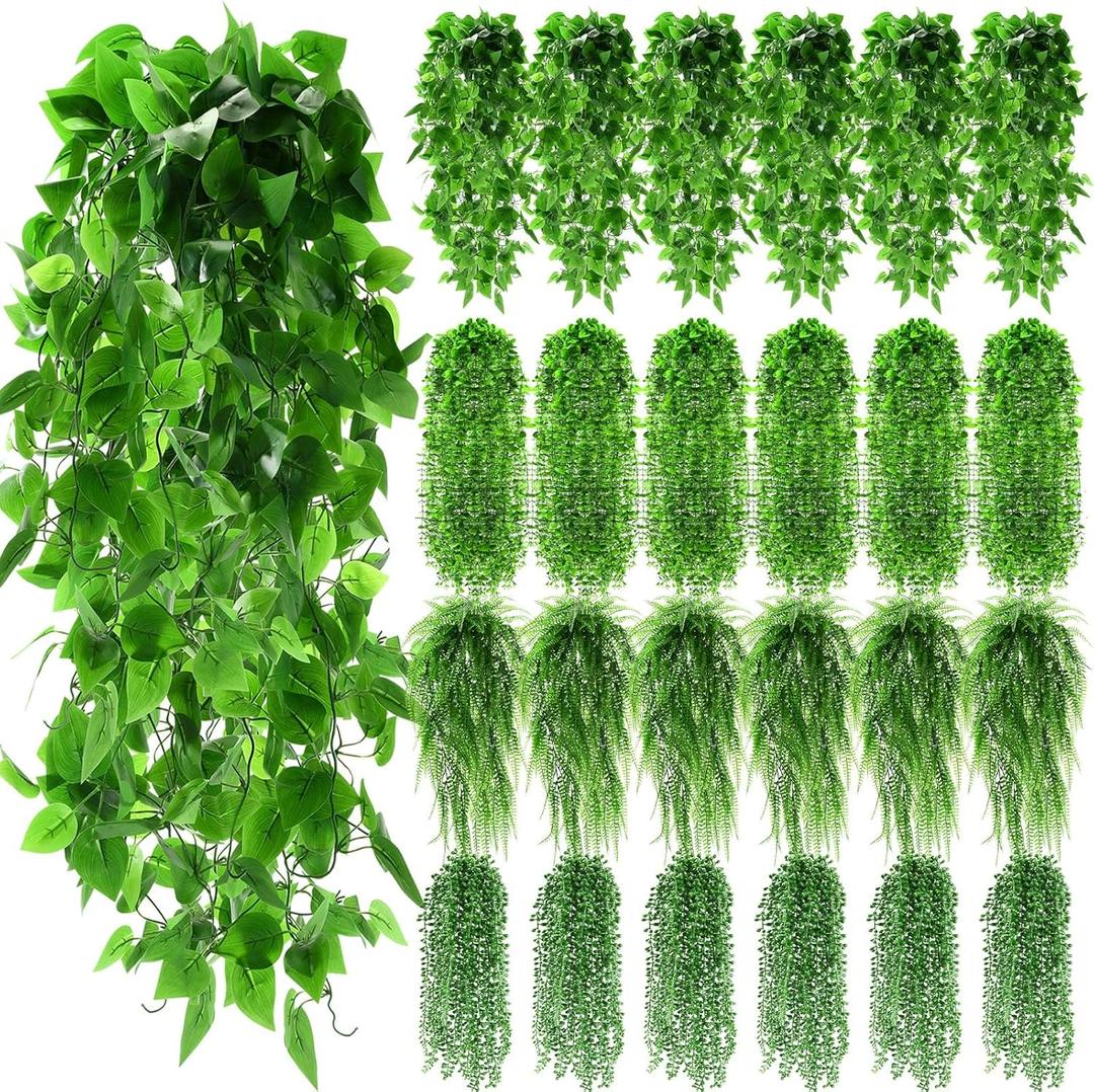 Daifunli 24 Pcs Artificial Hanging Plants Fake Hanging Ferns Plastic Faux Plants for Wall Room Garden Garland Indoor Outdoor Decor No Basket (Boston,Eucalyptus,Ivy Vine,String of Pearls)
