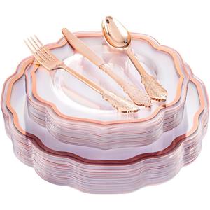 NOCCUR 150PCS Rose Gold Plastic Plates&Rose Gold Silverware-Include 30Dinner Plates, 30Salad plates, 90 Disposable Rose Gold Utensils- Ideal for Weddings/Party/Mother's Day