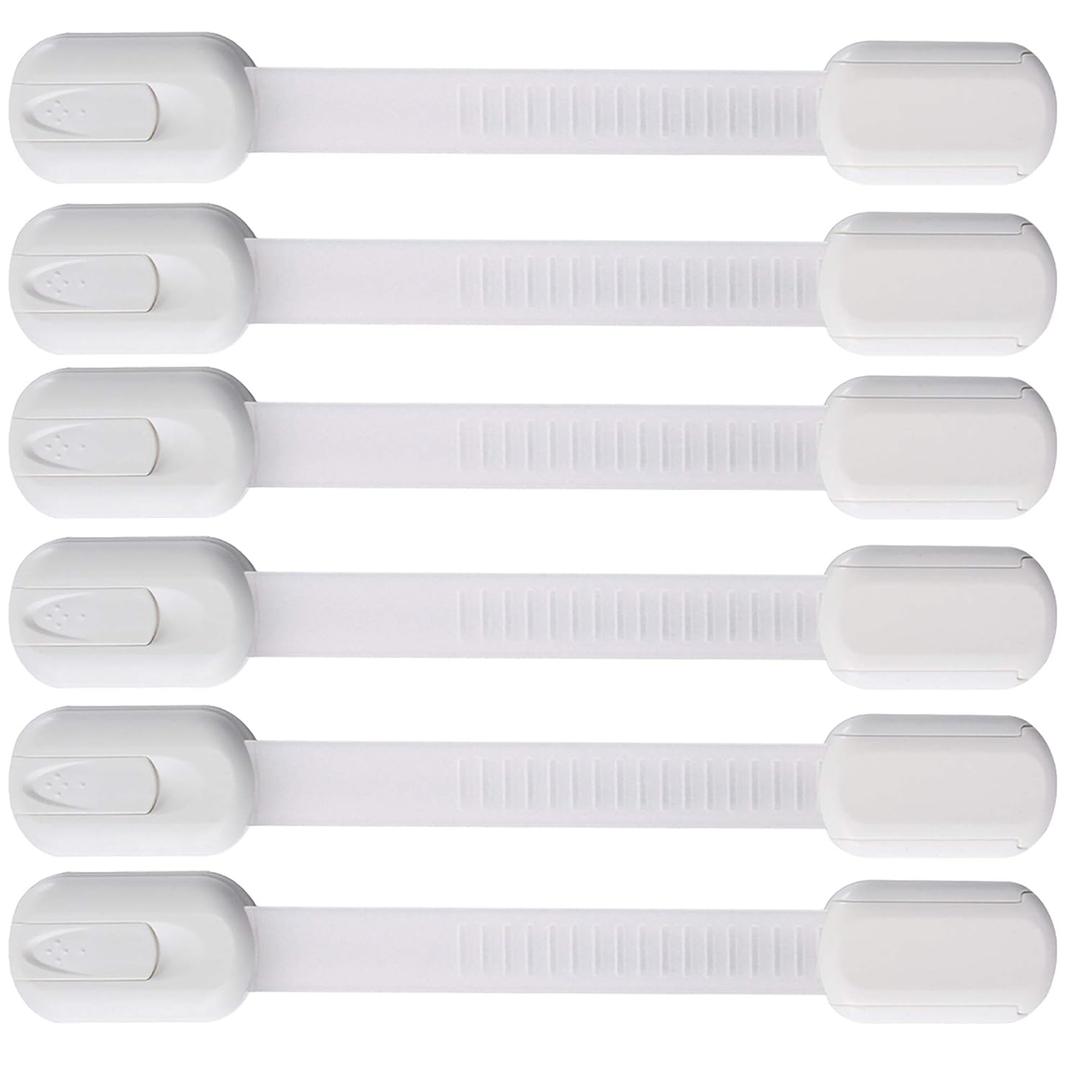 6 Pack Vmaisi Multi-Use Adhesive Straps Locks - Childproofing Baby Proofing Cabinet Latches for Drawers, Fridge, Dishwasher, Toilet Seat, Cupboard, Oven,Trash Can, No Drilling (White) (6)