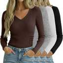 4 Pack Women Long Sleeve Shirts, 95% Cotton V Neck Ribbed Knit Tops Fitted Lightweight Basic Going Out Shirts (Medium, Black, White, Light Gray, Brown)