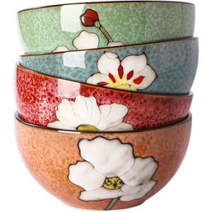 Ceramic Soup Bowls for Kitchen, 28oz Flower Bowls Set of 4, Suitable for Breakfast, Lunch, Dinner, Ideal for Ramen, Cereal, Pasta, Grains, Salads, Gifts, Kitchen Decoration
