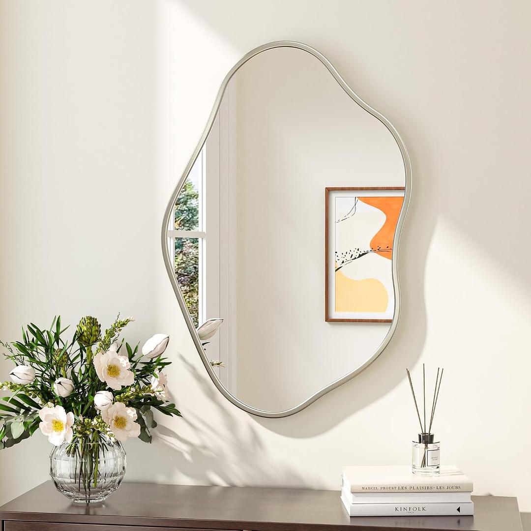 Keonjinn Nickel Irregular Mirrors for Wall 24" x 36" Inch, Asymmetrical Metal Frame, Tempered Glass Decorative Mirror for Bathroom, Bedroom, Living Room, Entryway(Horizontal/Vertical)