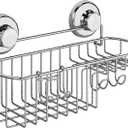 Shower Caddy Suction Cup, Shower Shelf with Soap Dish and Hooks Organizer, Suction Bathroom Shelf for Storage, Wall Mounted Basket, Silver