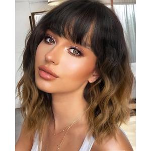 Short Bob Wig with Bangs Curly Wavy Wigs Shoulder Length Wigs for Women Girls Heat Resistant Synthetic Wig Halloween Cosplay Costume Black Ombre Brown