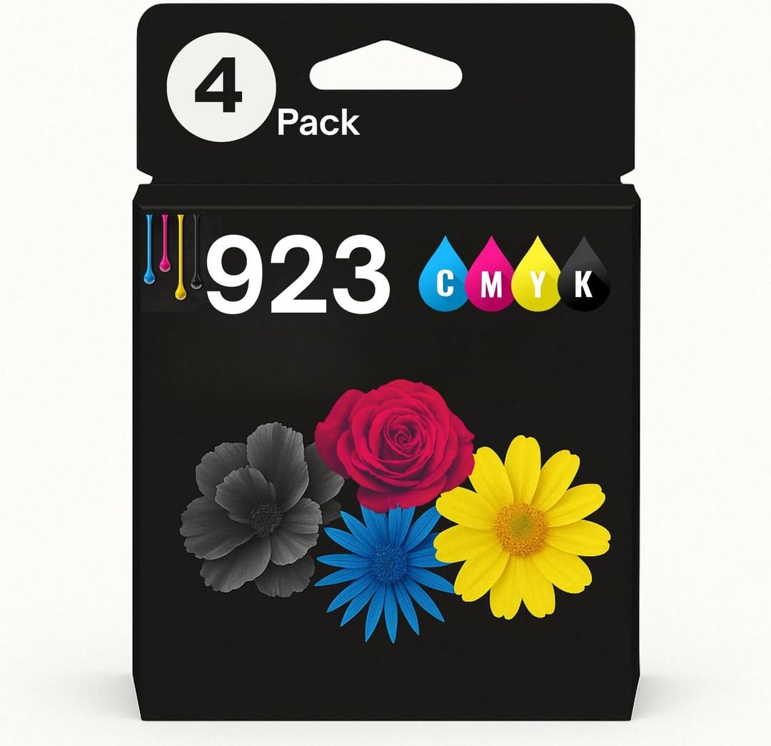 Amazink 4 Pack Ink Cartridge Compatible with HP 923XL 923. Includes Black, Cyan, Magenta and Yellow Cartridges. 923e Works with Printers OfficeJet 8120, 8130, OfficeJet Pro 8135e, 8138e, 8122e.
