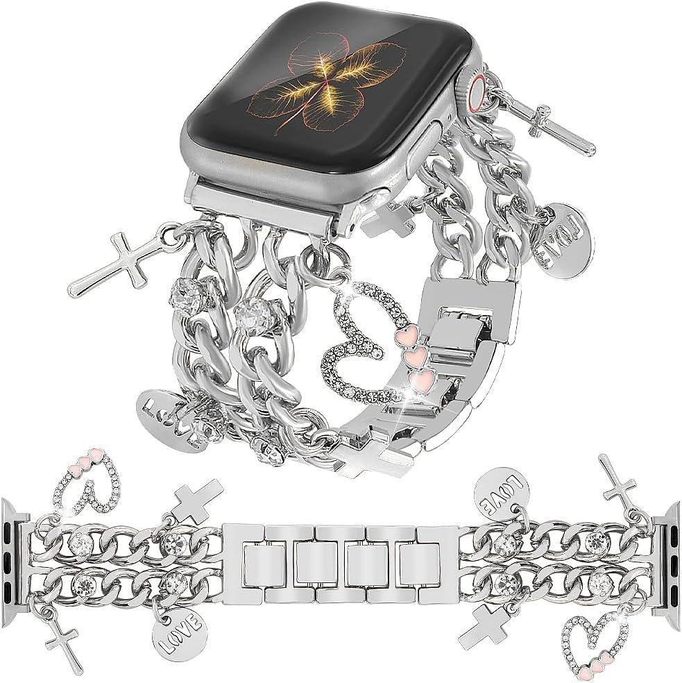 YONWORTH Cuban Chain Band Compatible with Apple Watch Bands 38/40/41/42/44/45 46 49mm Women,Bling Diamond Chain Dressy Metal Wristband Cute Charms Pendants for iWatch Series 10 9 8 7 6 5 4 3 SE Ultra