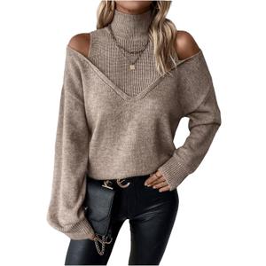 Women's Cold Shoulder Sweater Sexy Turtelneck Cut Out Pullover Sweater Casual Long Sleeve High Neck 2 in 1 Tops (Medium, Khaki)