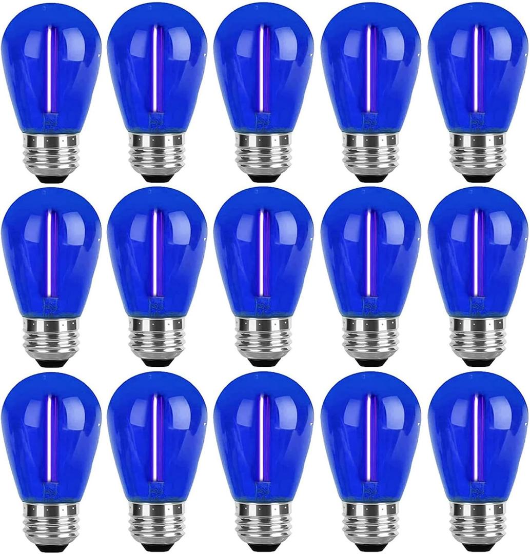 15 Pack S14 LED Bulbs Blue Christmas Replacement Bulb 1W String Light Bulbs Vintage Edison Plastic Decorative Bulb E26 Base Outdoor String Lights LED Filament Bulb for Patio Home Decor(Blue)