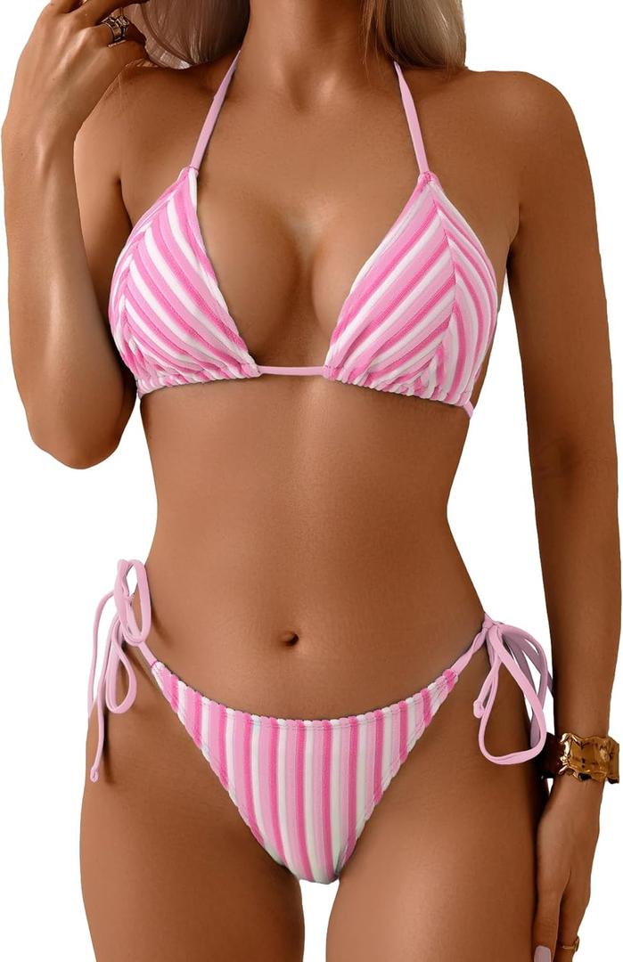 Fanuerg Women Sexy Triangle Bikini Sets Halter String Two Piece Swimsuit Towel Cloth Swim Bathing Suit (Medium, Light Pink) Fanuerg Women Sexy Triangle Bikini Sets Halter String Two Piece Swimsuit Towel Cloth Swim Bathing Suit (Medium, Light Pink)