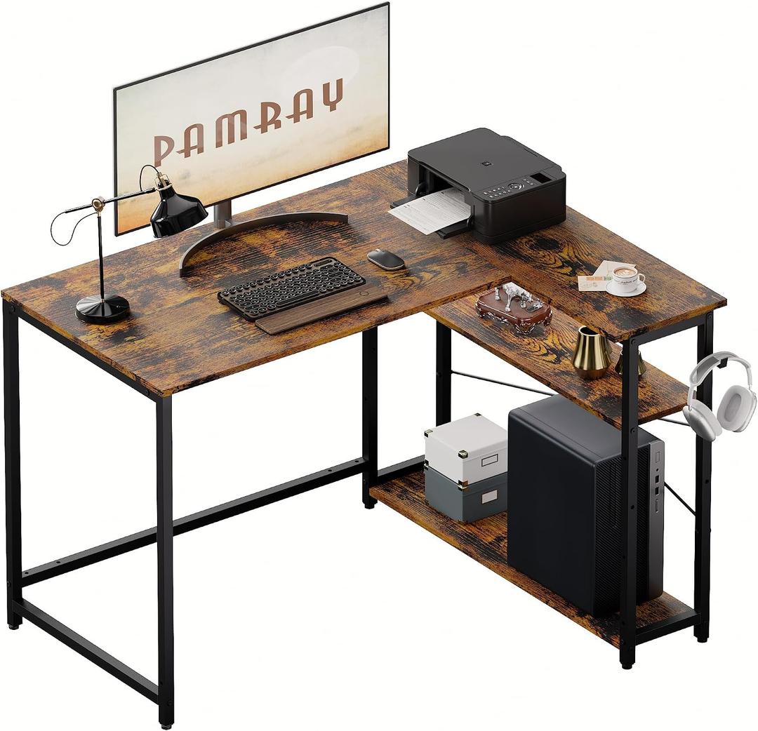 Pamray 43 Inch L Shaped Computer Desk with Reversible Side Storage Shelves, Small Corner Desk for Small Space Home Office,Writing Study Table PC Desk for Bedroom,Vintage