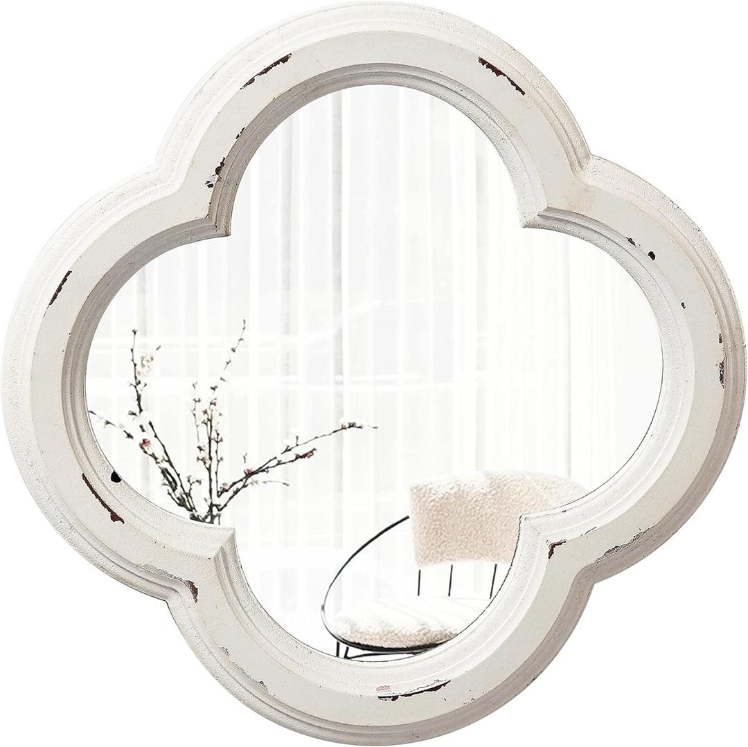Vintage Small Scalloped Wall Mirror Decorative 8.9 inch, Hanging Distressed White Rustic Quatrefoil Wooden Mirrors for Wall Decor Living Room, Farmhouse Clover Shape Floral Mirror