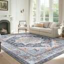 BESTSWEETIE 8x10 Area Rugs for Living Room Washable Non Slip Carpet Low Pile Soft Vintage Print Pattern Rug for Bedroom Dining Room Kitchen Entryway Indoor-Navy Blue/Light Blue/Natural/Brick