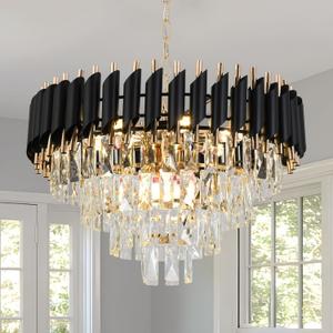 Modern Crystal Chandelier, 9-Light Black and Gold Round Pendant Light Fixture, 23.6" Luxury Hanging Ceiling Light for Dining Room, Living Room, Kitchen Island, Bedroom, Entryway, E12 Base, one size