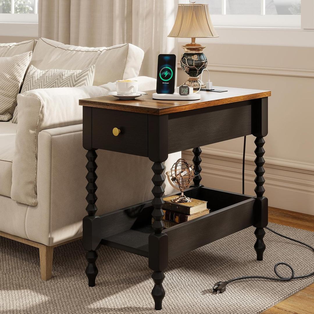 YOSHOOT Farmhouse End Table with Charging Station - Narrow Side Table for Living Room Bedroom Small Space, Wood Nightstand with Drawer and Power Outlets, Black (23.6"d X 17.7"w X 23.6"h)