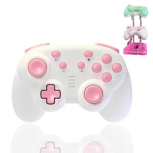 turbX Mini Mate Wireless Gaming Controller, Nintendo Switch Gamepad Joystick & Wired PC Windows Steam, Complimentary LED RBG Charging Stand w. Glowing Light, 6-Axis Gyro, 3D Joystick, Cute Pink
