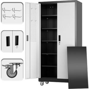 Aobabo Upgrade 71H''*34''W*18''D Metal Garage Storage Cabinet with Wheels and Pegboards, 5 Adjustable Shelves Steel Storage Cabinets for Home,Warehouse,Garage,Assembly Required,Black and Sliver