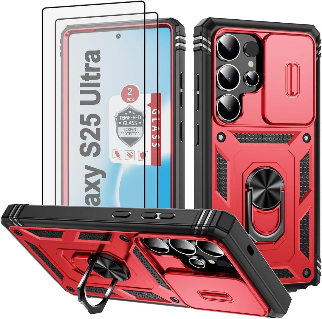 Case for Galaxy S25 Ultra Case,for S25 Ultra 6.9" with 2 Pcs Tempered Glass Screen Protector Built in Ring Stand Kickstand + Camera Cover, Hard PC Soft TPU Defender Full Body Protective Cover - Red