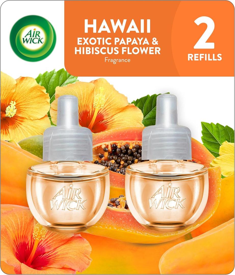 Air Wick Plug In Scented Oil Refill, Infused with Essential Oils, Plug In Air Fresheners for Home, Hawaii Exotic Papaya & Hibiscus Flower, 2 ct (1.34 Fl Oz (Pack of 1))