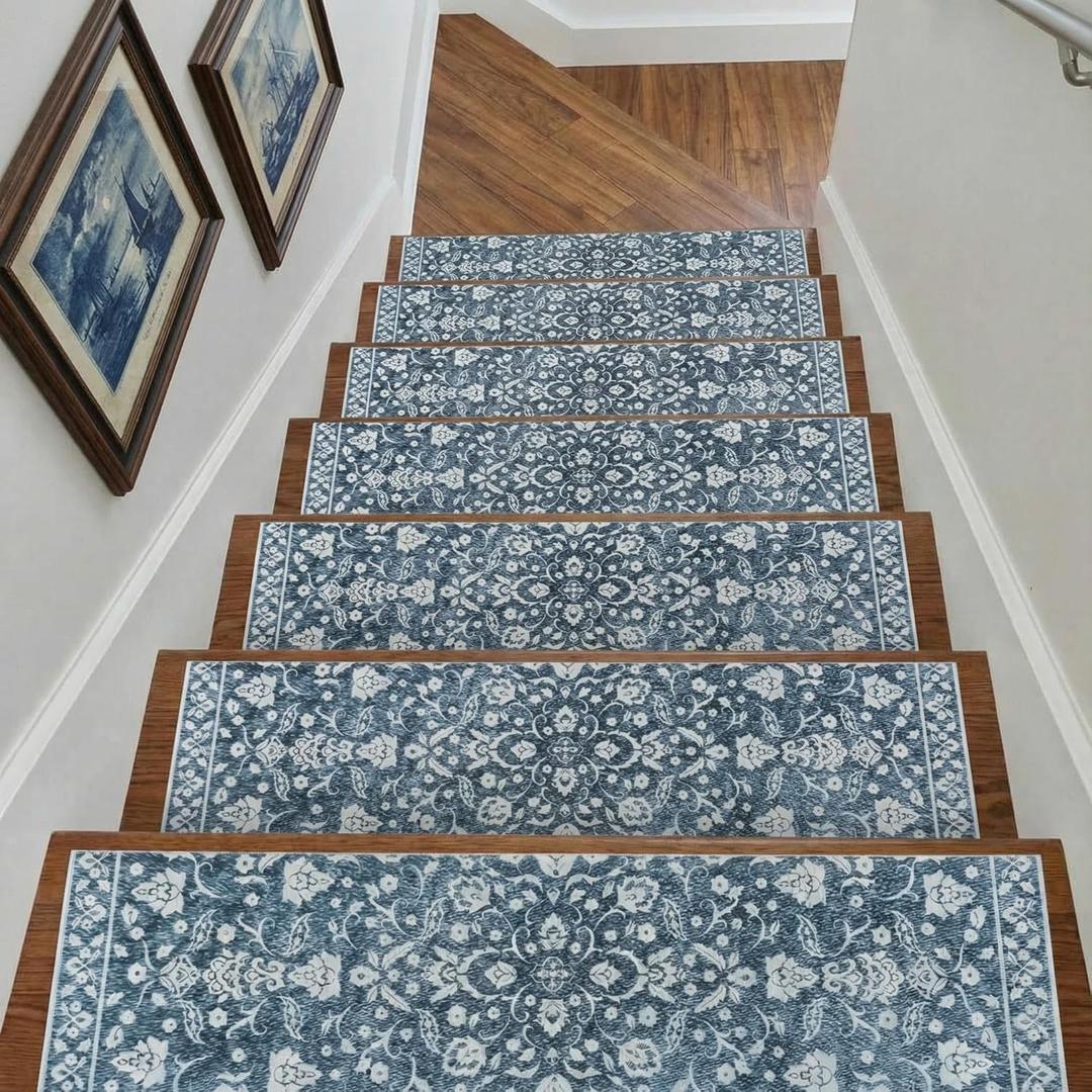 Breling 15 Pcs Blue and White Floral Stair Treads for Wooden Steps 8x30 Inches Stair Treads Indoor Non-Slip Carpet Runner Decorative Long Rugs Safety Mats for Indoor Carpet Covers Elders and Dogs