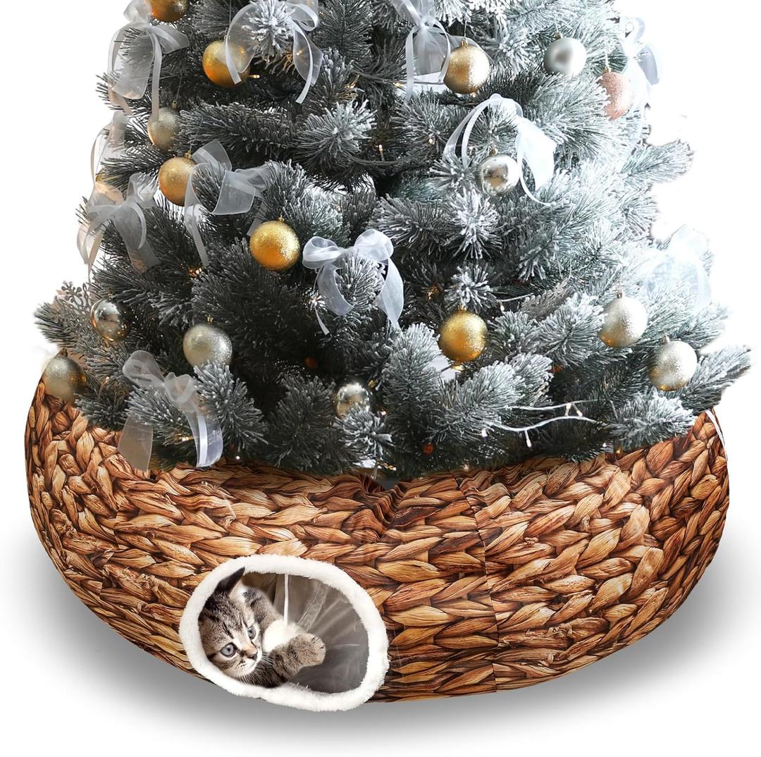 Soulchen Christmas Tree Cat Tunnel Bed 3FT x 3FT x 9.8IN Indoor Cat Donut Tunnels Peekaboo Cave Toy 3 Way Winter Holiday Decor for Kitty Rabbit Ferret Puppy(Woven Brown)