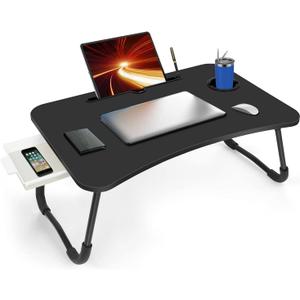 Fayquaze Portable Foldable Laptop Bed Desk with Storage Drawer and Cup Holder - Lap Desk Laptop Stand Tray Table for Eating, Reading and Working, Black