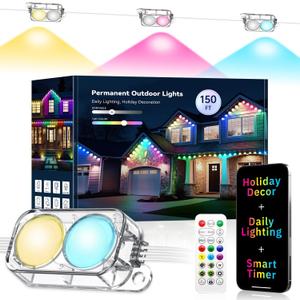 Permanent Outdoor Light Pro, 150FT with 75 IC+RGBCW LED, Dual Lens with Warm/Cool & Nature White for House Eave Lights for Halloween Christmas Daily Decor, Waterproof for All Year Round