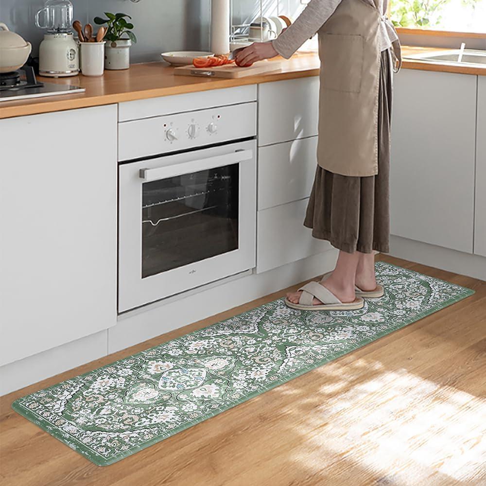 ZUNI Kitchen Rugs and Mats Set of 2, Comfort Kitchen Mats for Floor, Non Slip Comfort Standing Mat Rug, Boho Farmhouse Style Floor Mat for Kitchen Laundry Sink Office (70x24, Green)