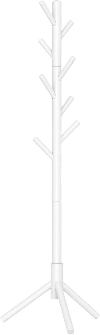 VASAGLE Solid Wood Coat Rack, Free Standing Tree-Shaped Coat Rack with 8 Hooks, 3 Height Options, for Clothes, Hats, Bags, Living Room, Bedroom, Home Office, White 