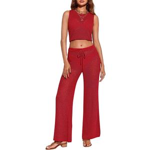 Saodimallsu Womens 2 Piece Crochet Swimsuit Cover Up Sleeveless Crop Top Drawstring Long Pants Set Beach Outfits, Small