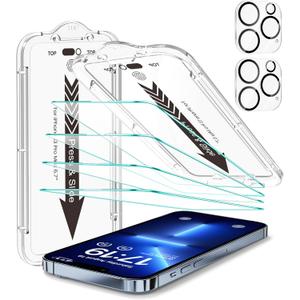 EZ-GLAZ- 4 Pack for iPhone 13 Pro Max Screen Protector [6.7"] With 2 Pack Camera Lens Protector, 9H+ Hardness 12FT Military Grade Shatterproof Scratch Resistant Durable Tempered Glass Film with Flawless Fit Kit, HD Clear (Transparency)