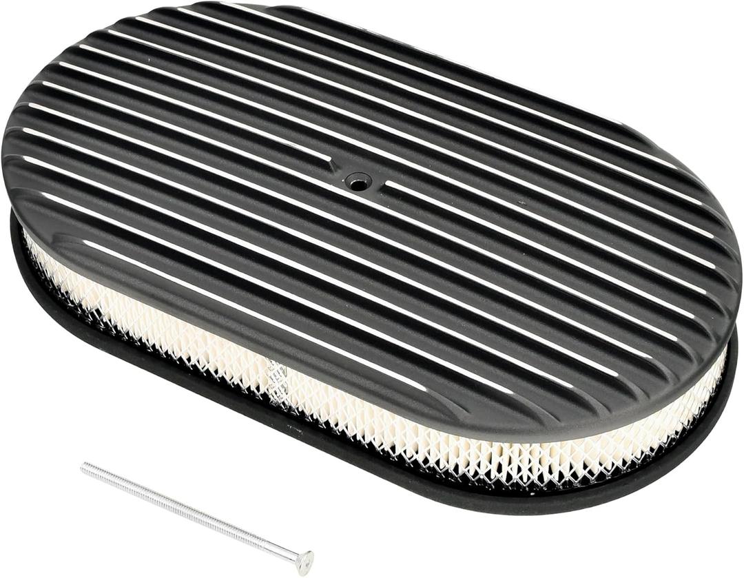 15 Air Cleaner for Carburetor, Oval Polished Aluminum Fully Finned Air Cleaner Element Compatible with Chevy-Black