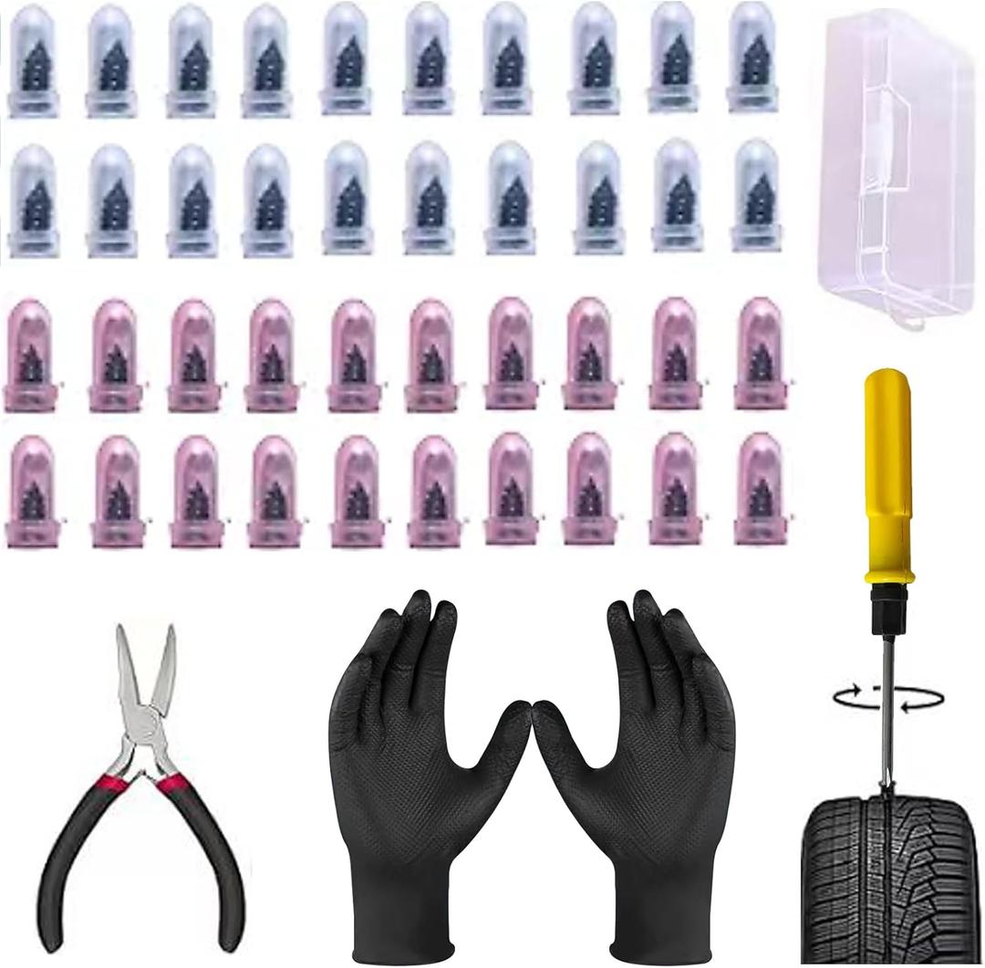 2 x EGZ Tire Repair Plug Kit (Includes Pliers, Screwdriver, and Gloves) Spiral Tire Plugs & Quick Repair Tool Kit Puncture Repair Set for Tubeless Car and Motorcycle Tires