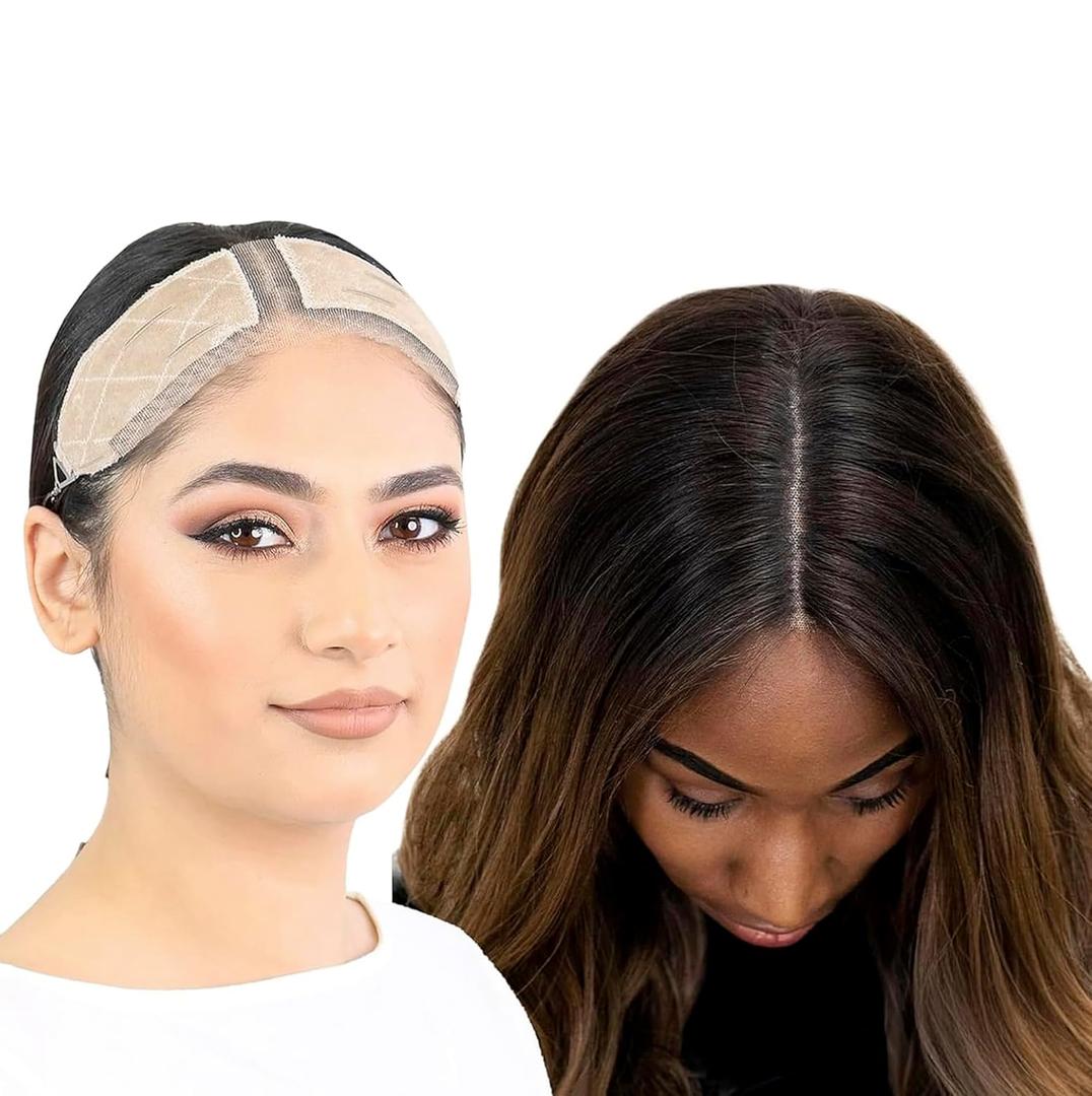 MILANO COLLECTION Lace Top Grip Comfort Band for Toppers Hair & Wiglets, Non-Slip & Glueless Velvet Wig Band for Large Base Hairpieces, Adjustable Top Grip for Hair Topper & Wigs, Beige, Large