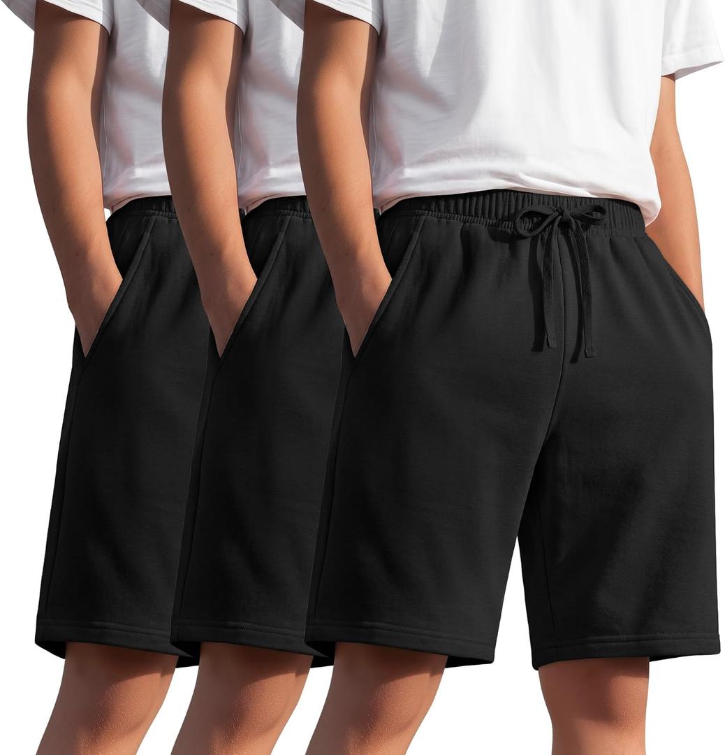 3 Pack Boys Shorts Kids Pull on Athletic Baggy Sweat Shorts with Pockets Elastic Waist Summer Casual 11-12 Years