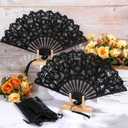 6 Pcs Lace Folding Handheld Fan for Wedding Cotton Embroidered Bridal Hand Fan with Bamboo Staves and Silk Tassels Vintage Retro for Guests Women Wedding Bridal Shower Party Favors (Black)