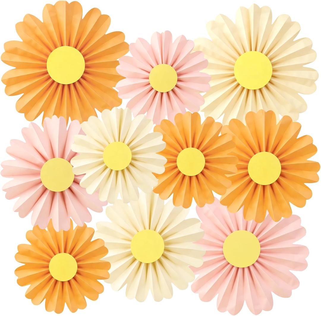 SUNBEAUTY 10 Pcs Daisy Paper Flowers Decorations Pink and Orange Flower Party Decorations Paper Fans Decor Hanging Paper Fans for Birthday Wedding Baby Shower Spring Garden Party Bulletin Board