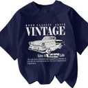 Women's Graphic Letter Tee Crew Neck Drop Shoulder Trendy Summer T Shirt Short Sleeve Vintage Car Print Top (Blue, XXL)