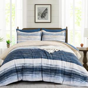 WONGS BEDDING Blue Comforter Set King Size, 7 Pieces King Bed in a Bag for All Season, Soft and Breathable Striped Bedding Set with Boho Comforter, Flat Sheet, Fitted Sheet, Pillowcases & Shams