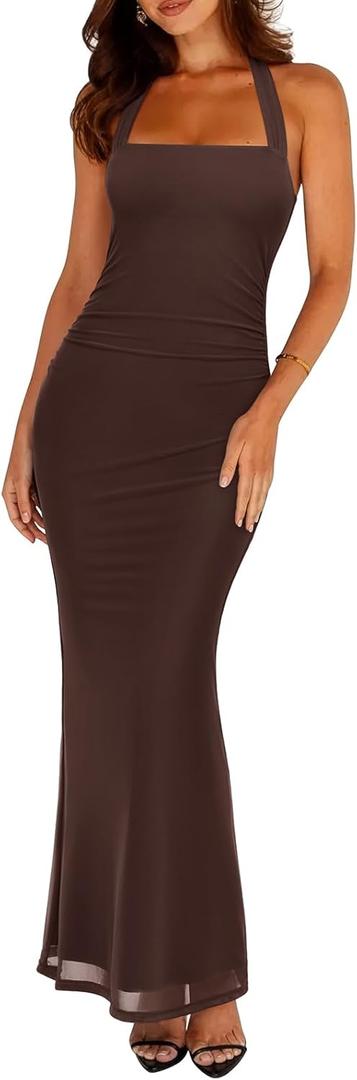 REORIA Mesh Sheer Sleeveless Wedding Guest Maxi Dresses for Women Ruched Bodycon Square Neck Halter Long Dress Summer 2026, Large, Shaved Chocolate