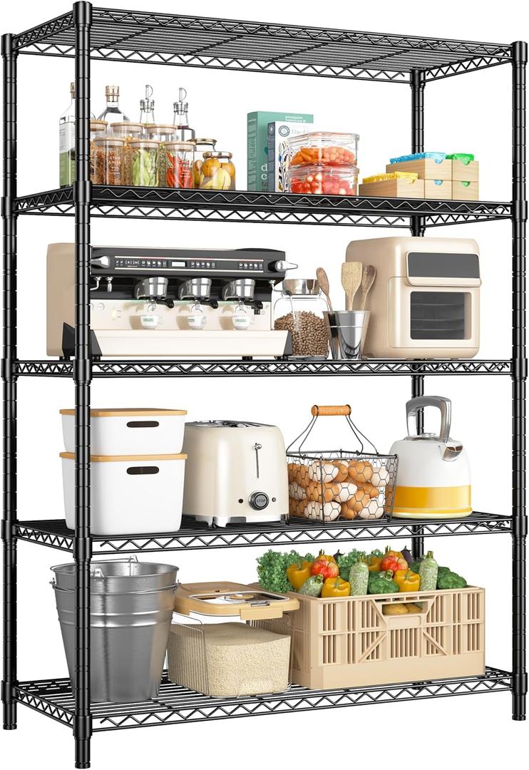 71" H Storage Shelves 5 Tier Wire Shelving Adjustable Metal Shelving,1000LBS Pantry Shelves Sturdy Steel Wire Shelf for Kitchen Pantry Garage Warehouse,71" H X35.5 W X13.8 D, Black