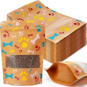 Dunzoom 200 Pcs Paw Dog Treat Bags Puppy Party Favor 5.5" x 7.9" Paw Gift Bag Resealable Stand up Kraft Paper Zipper Pouch Dogs Packaging for Homemade Treats, Food-safe Material (Brown)