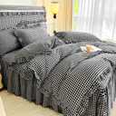 LifeTB Queen Comforter Set Black Gingham Comforter Vintage Ruffle Checkered Pattern Comforter Set Boho Grid Plaid Bedding Comforter Fluffy Soft Chic Gingham Bedding Set Queen Size for All Season