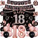 18th Birthday Decorations for Girls, Rose Gold Black Happy 18th Birthday Party Decorations, Happy 18th Birthday Backdrop, Foil Balloons 18, Banner, Balloons, Hanging Swirls, Birthday Cards Set 45pcs