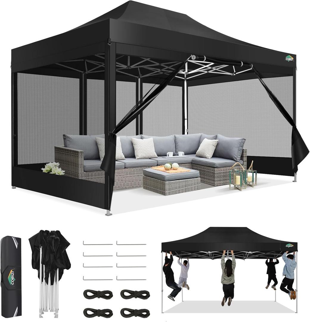 COBIZI 10x15 Canopy Tent, Heavy Duty Pop up Canopy with Sidewalls, Waterproof Easy Setup Canopy with Mosquito Netting, Outdoor Instant Screen Tents for Parties, Wedding, Backyard with Carry Bag, Black