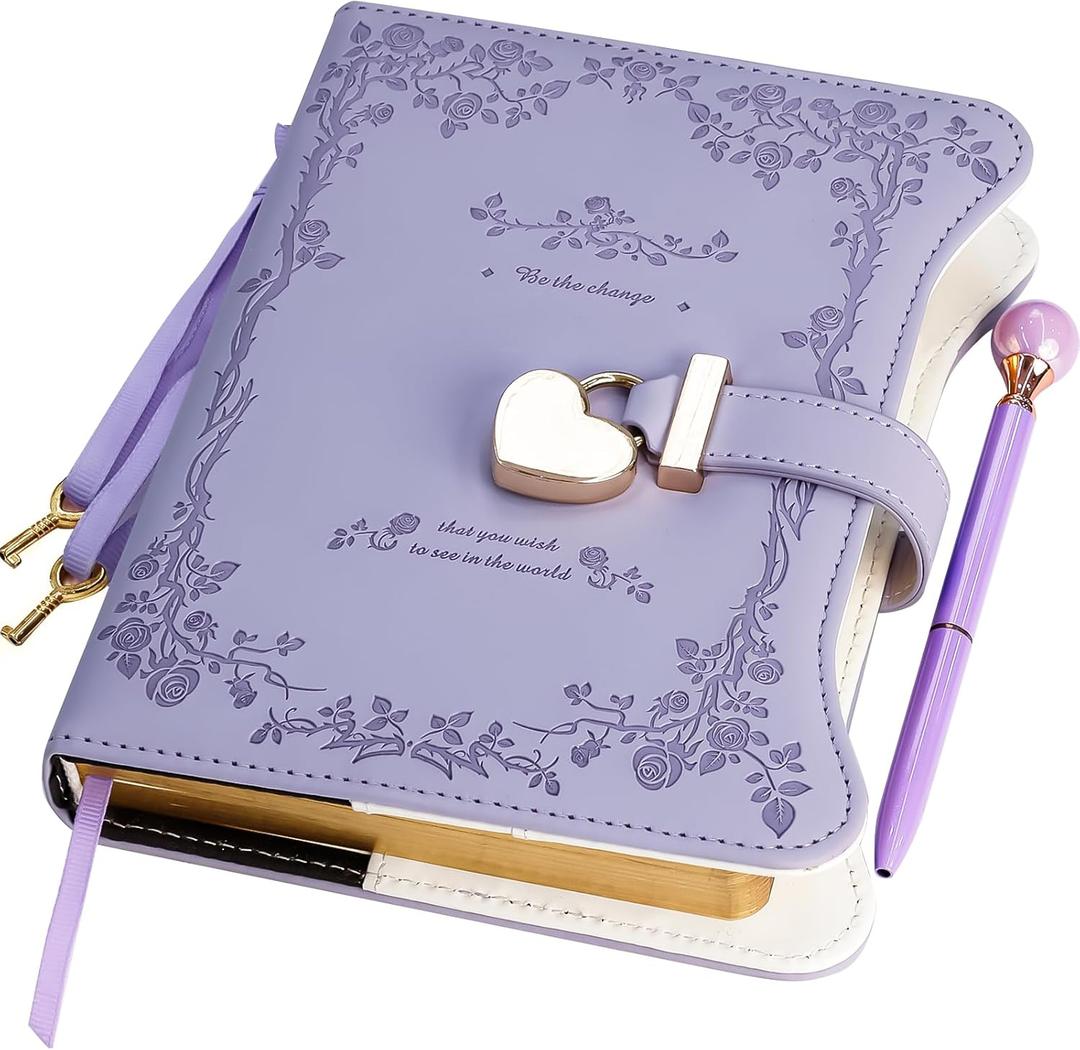 Diary with Lock and Keys for Girls Gift Ideas, 360 Gold Edged Pages Journal for Women, B6 Refillable Notebook for Writing with Pen and Bookmark (Garden Purple)
