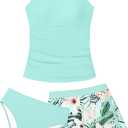 Girls Tankini Swimsuit 3 Piece Bathing Suits for Girl Square Collar Tankinis Set Girls' Swimwear with Print Shorts (Blue) 13-14Y