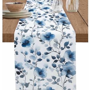 Blue Floral Burlap Dining Short Table Runner 36 Inches, Tree Branch Spring Flowers Watercolor Table Runner Kitchen Coffee Table Runners Decoration for Indoor Outdoor Holiday Party Dresser