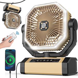 Rechargeable Camping Fan - 9-Inch Battery Operated, 10000mAh(30Hrs) Auto Oscillating Fan with Remote/Light, 4 Speeds, 4 Timing, Outdoor